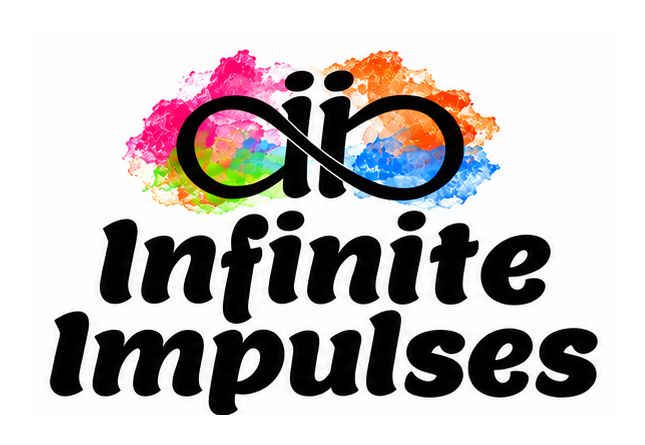 Infinite Impulses in black Lemon lettering with a woven ii infinity symbol and compact pink, orange, blue, and green ink background