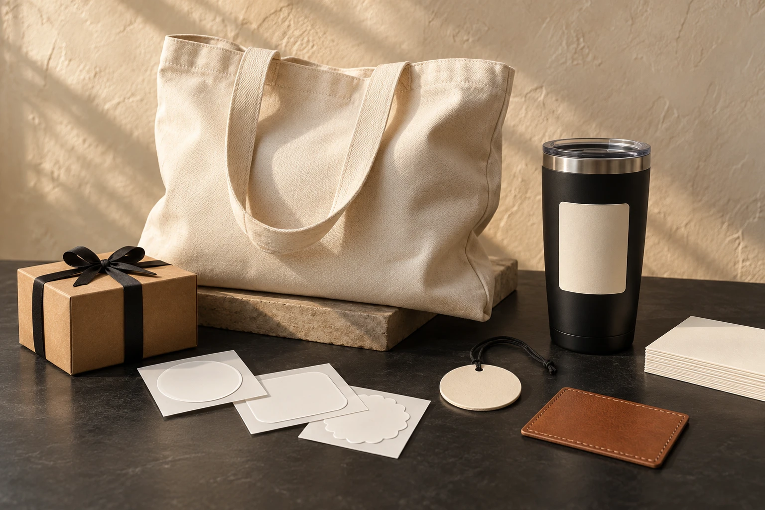 Illustrative studio arrangement of blank custom-project materials